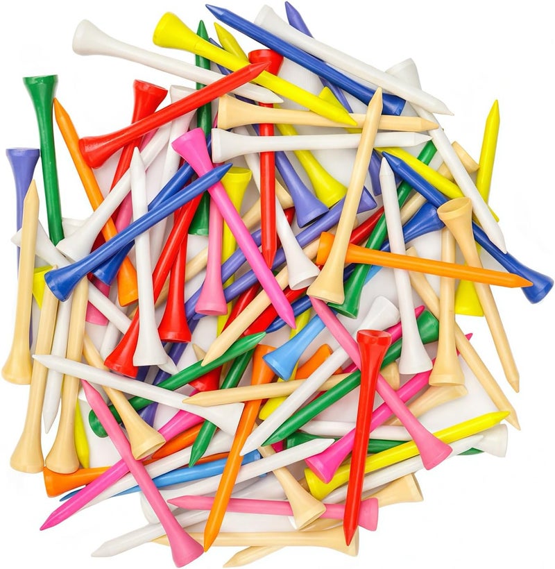 EWILLING Store Golf Tees Multiple Colors Mixed Size Package, 100pcs Professional Bamboo/Wood Golf Tees, Size 3-1/4", 2-3/4" & 1-1/2" Reduce Friction and Resistance - Image 1